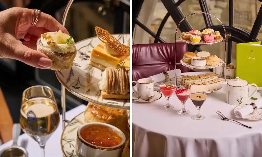 afternoon tea cakes on a tall stand 