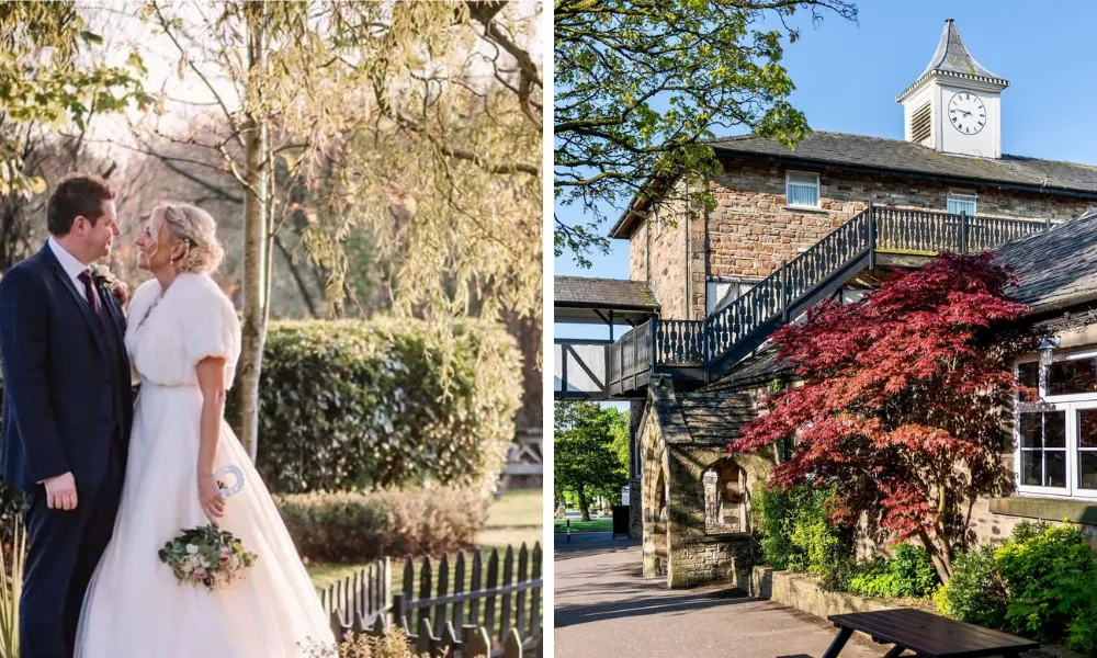 couple standing in garden and picture of building