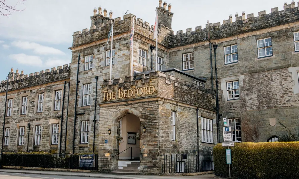 Stone work exterior of large hotel