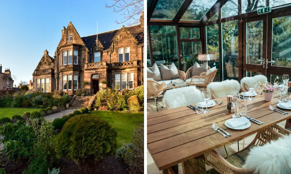 old stone house with conservatory seating