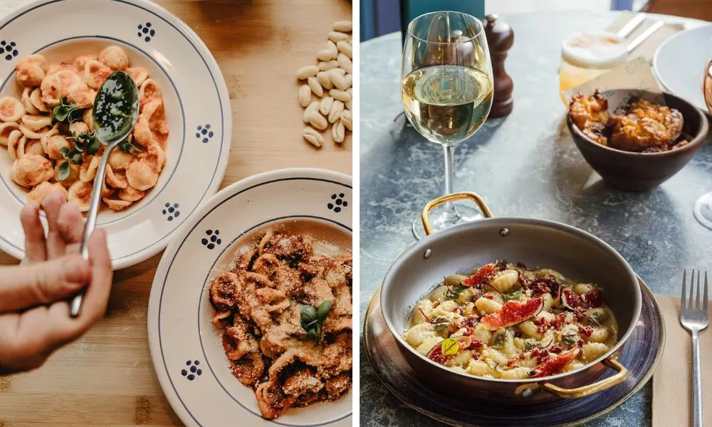 pasta with pesto and glass of white wine