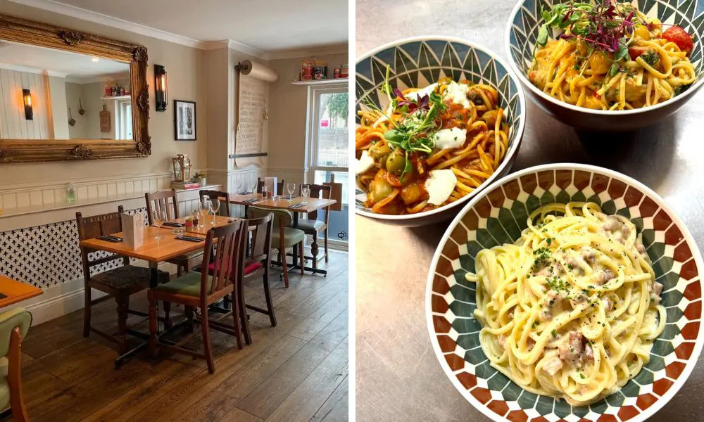 restaurant dining room and bowls of pasta