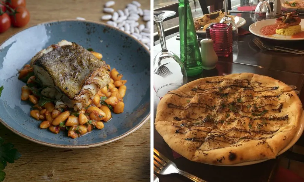 fish with red beans and garden pizza bread with balsamic