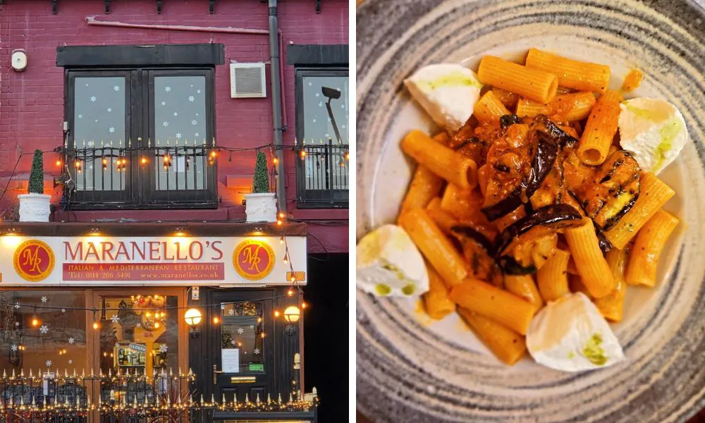 outside of an italian restaurant and pasta with aubergine and mozzerella