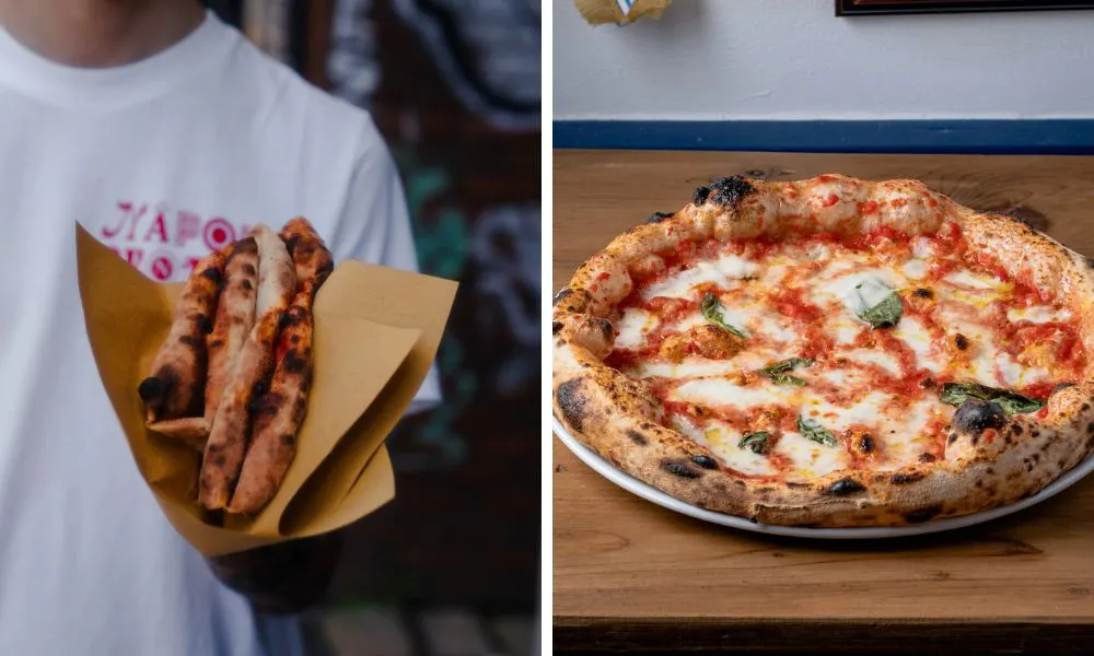 pizza slice in brown paper and margherita pizza