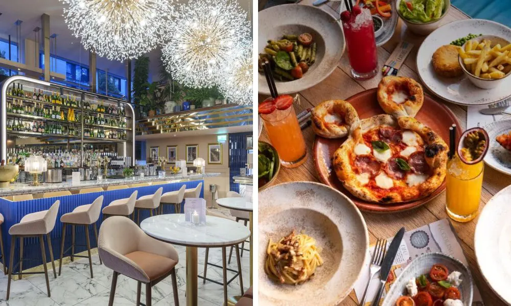 counter dining at a restaurant bar and italian dishes including pizza and pasta