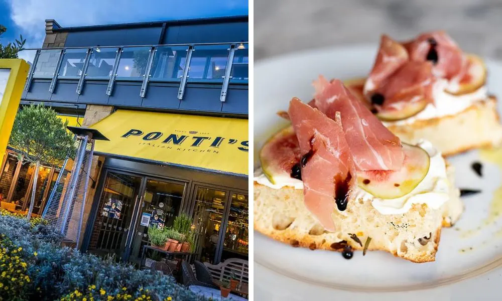 outside of a restaurant and crostini with parma ham