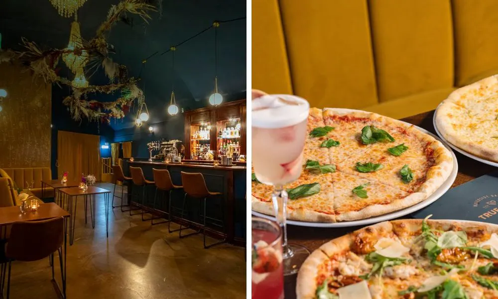interiors of restaurant and pizza with cocktail