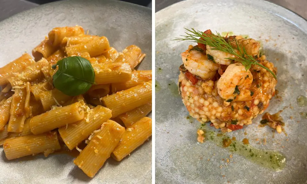 rigatoni with basil and giant cous cous with prawns