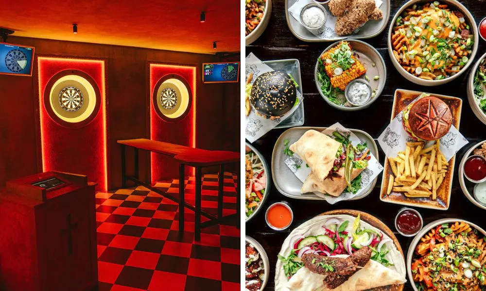 downstairs bar area and spread of vegan dishes