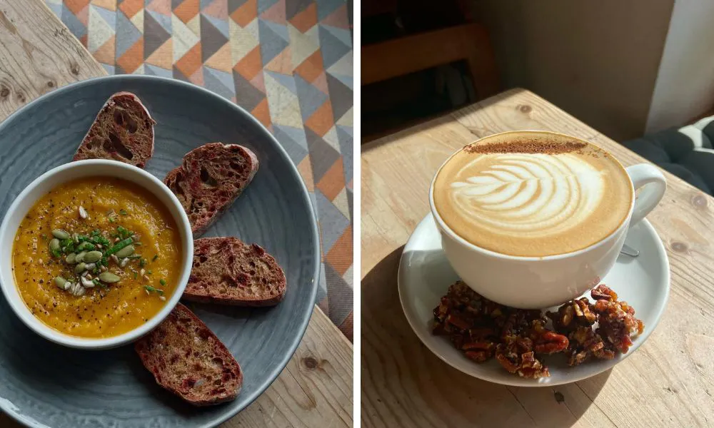 soup with croutons and coffee with nuts
