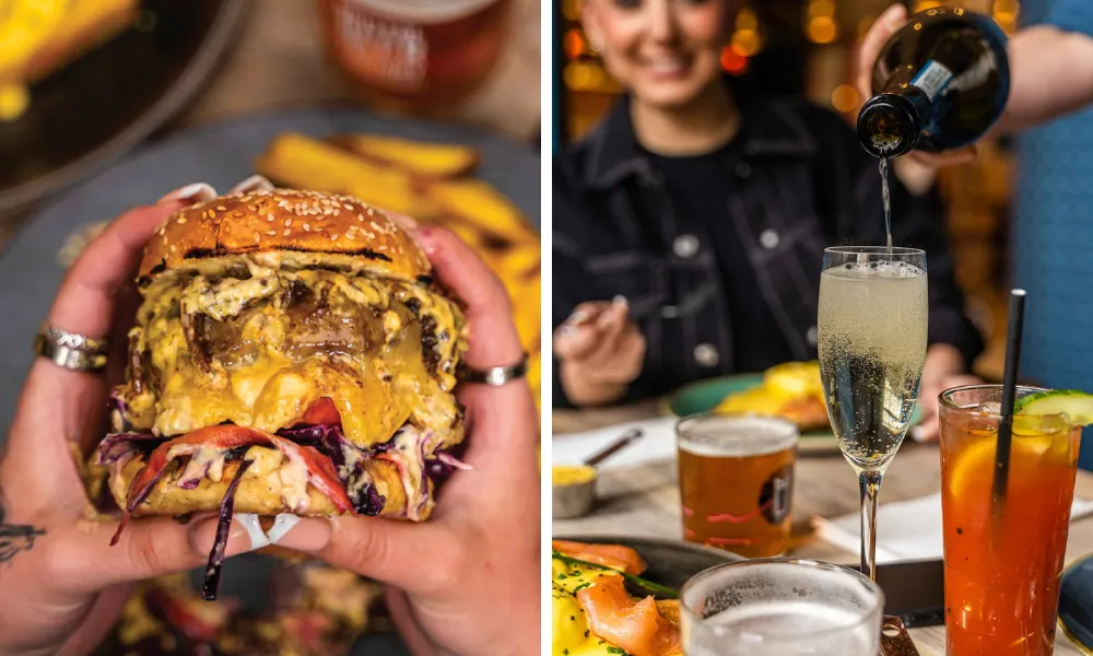 burger with lots of sauce and prosecco glass