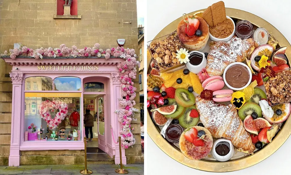 pink floral cafe shopfront and sweet grazing platter