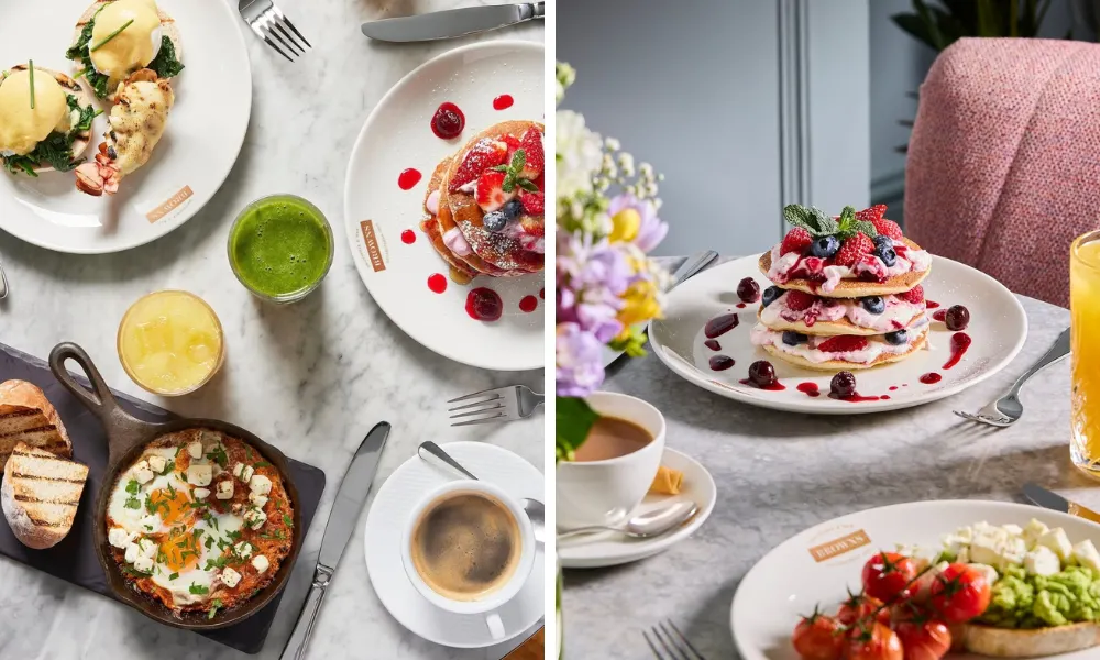 berry and cream pancakes and shakshuka