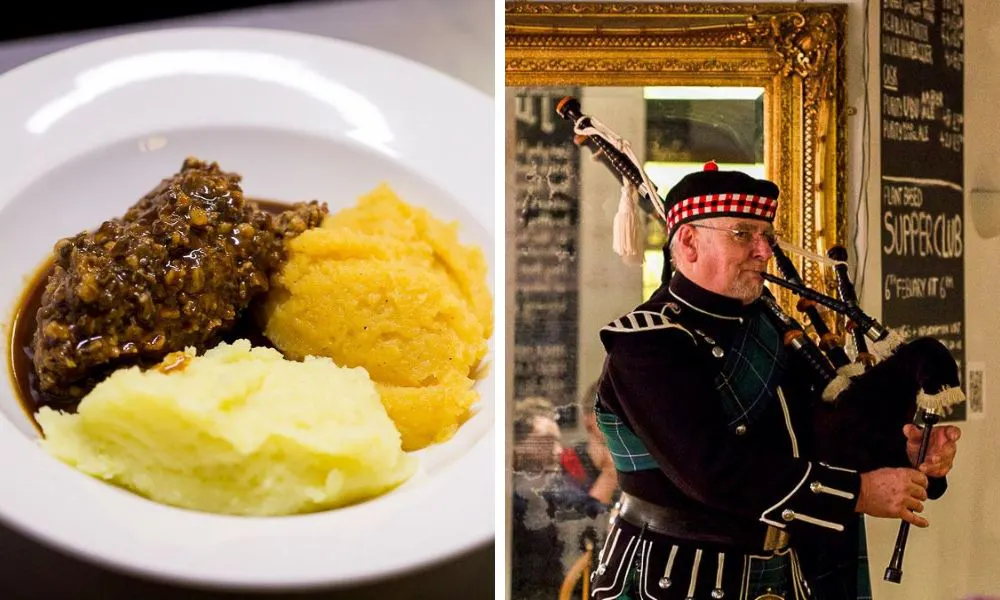 haggis neeps and tatties and man playing bagpipes