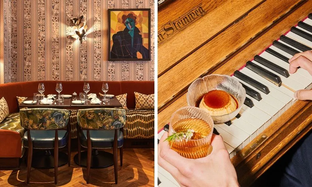 tables in a restaurant and piano with cocktails