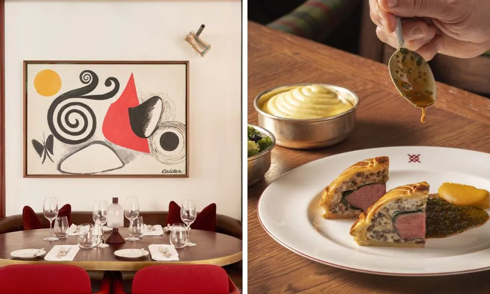 restaurant interiors with red seats and wellington with salad and mash