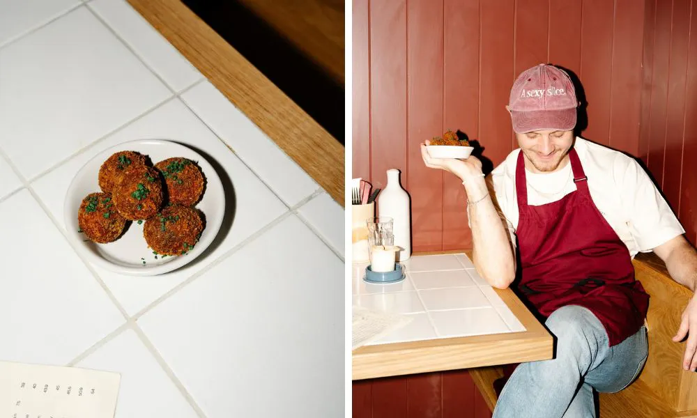 haggis balls and server posing with food