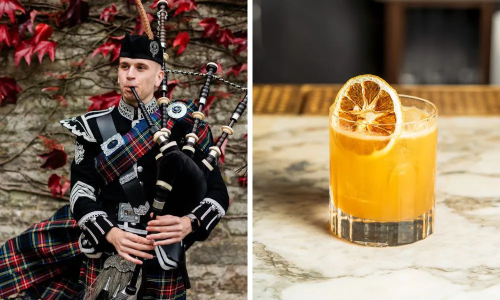 man playing bagpipes and whisky cocktail