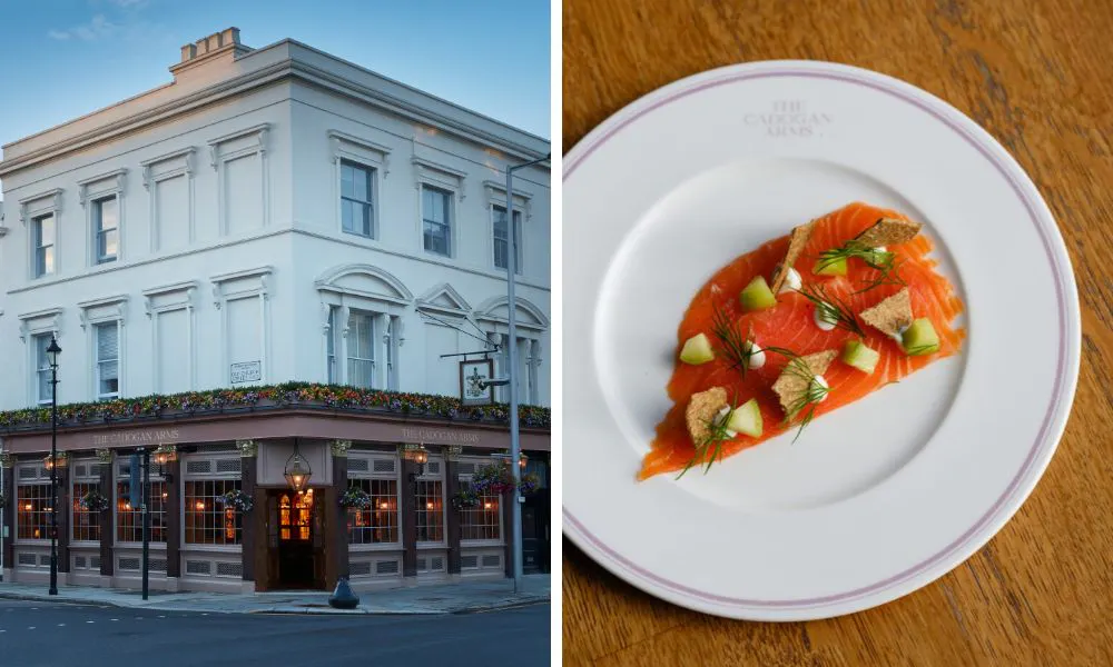 outside of a pub and smoked salmon with cucumber and dill