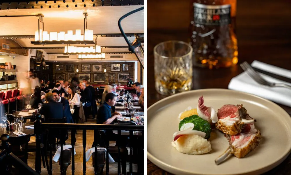inside of a busy pub and lamb with haggis neeps and tatties