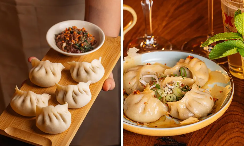 dumplings on a tray and dumplings with onion and chilli oil