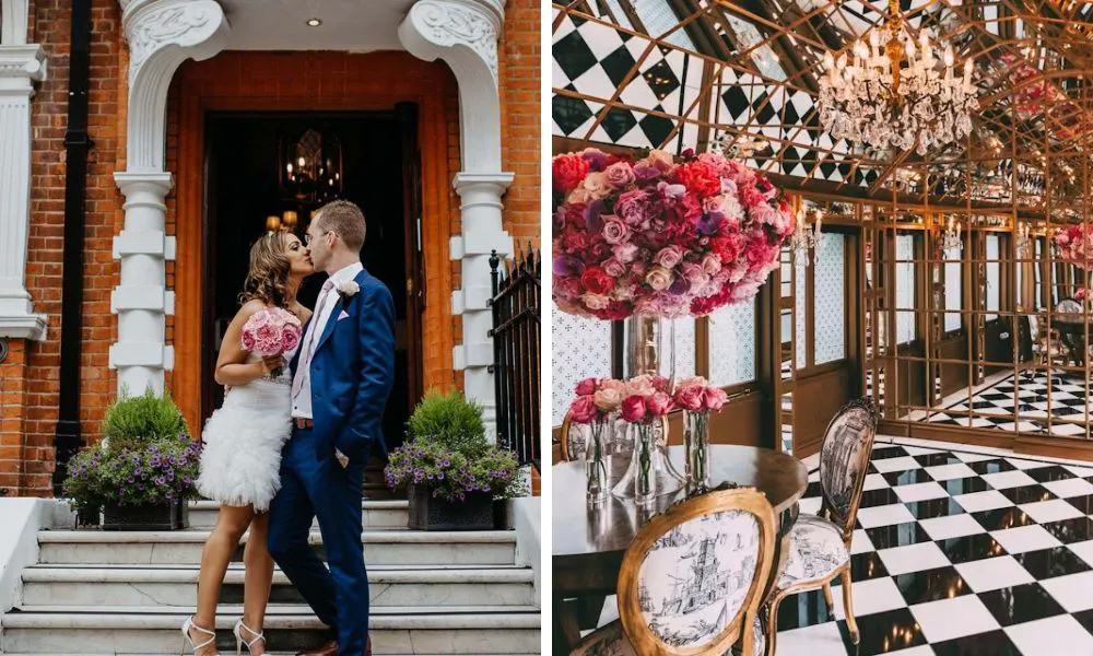 couple kissing on hotel steps and black and white dancefloor with mirrored walls