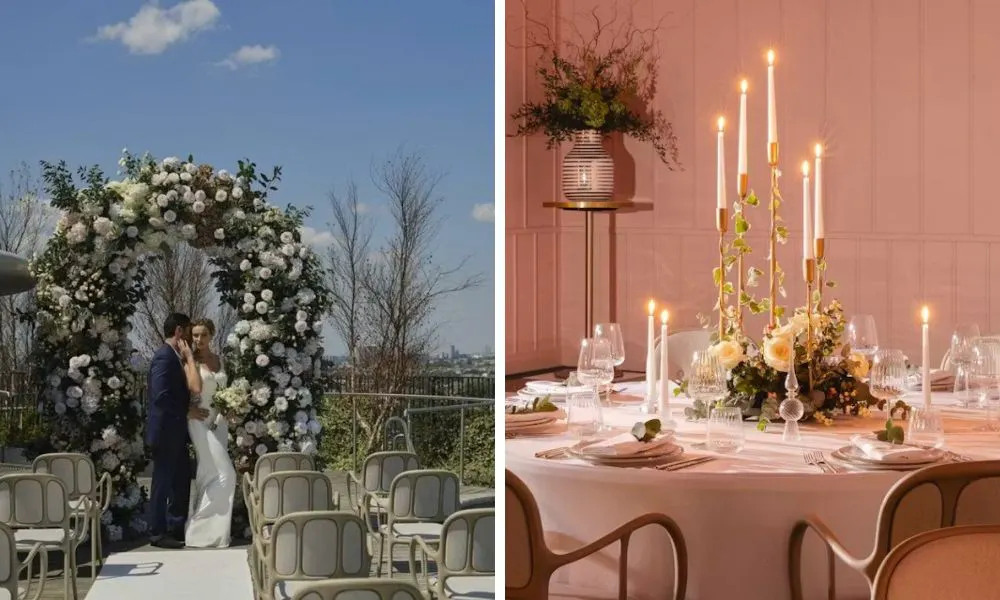 couple posing for photo on rooftop and pink interiors at wedding breakfast