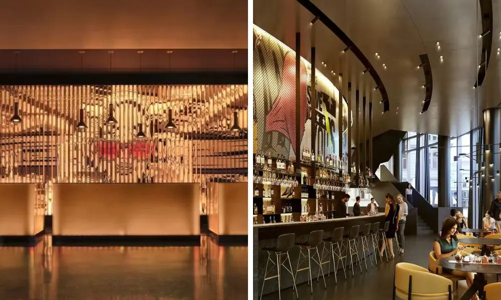hotel reception and bar with counter seating and panoramic views