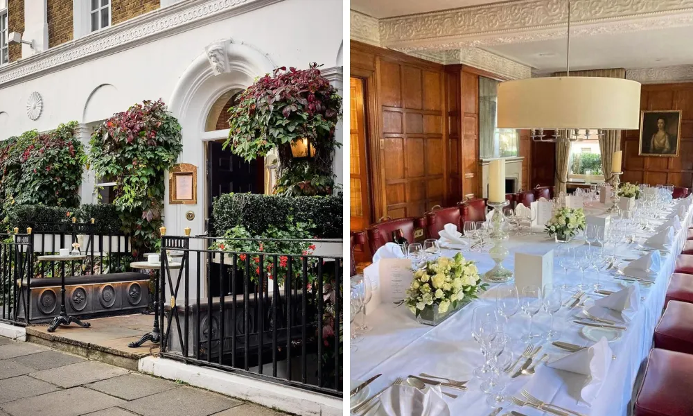 hotel entrance covered in ivy and a dining room