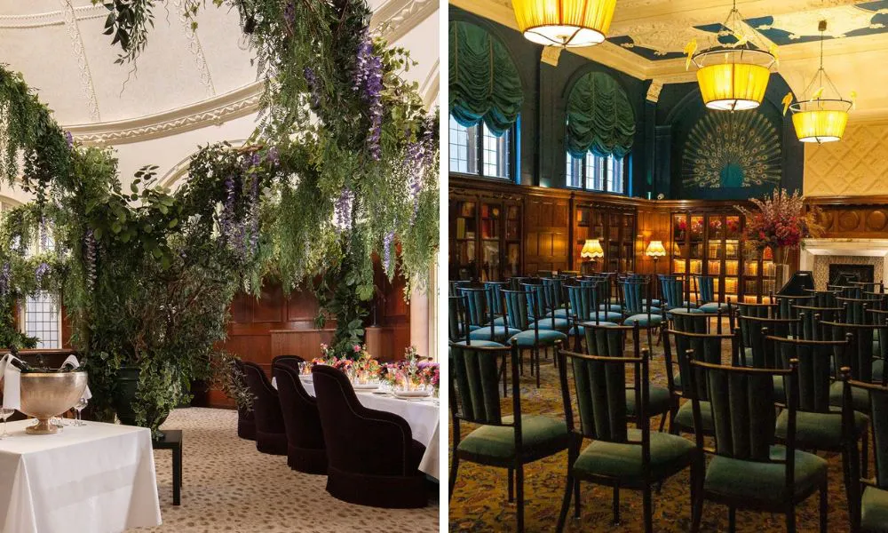 hotel bar area with hanging plants and ceremony in chapel