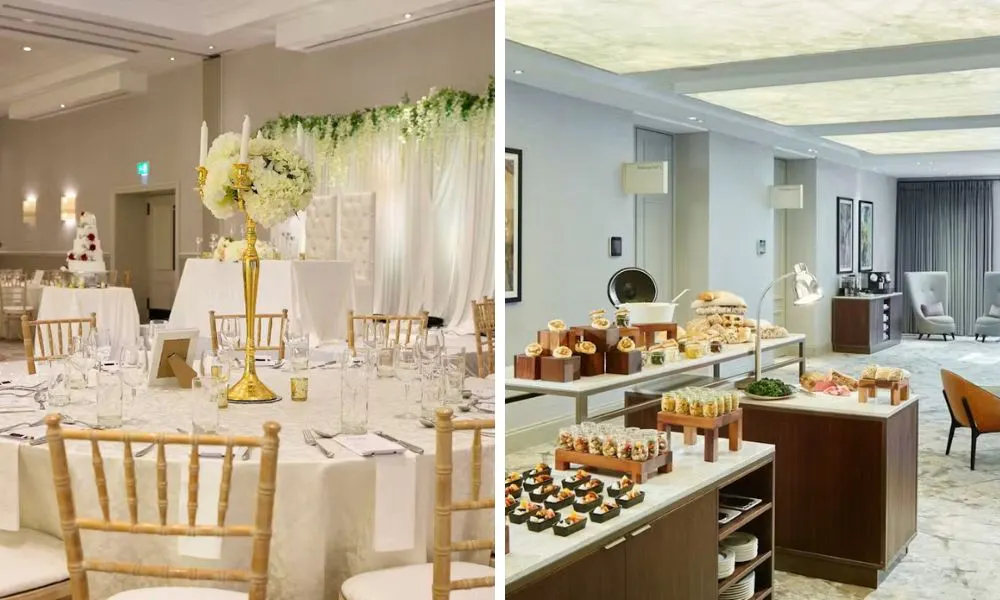 wedding breakfast with white tablecloths and buffet area in hotel suite