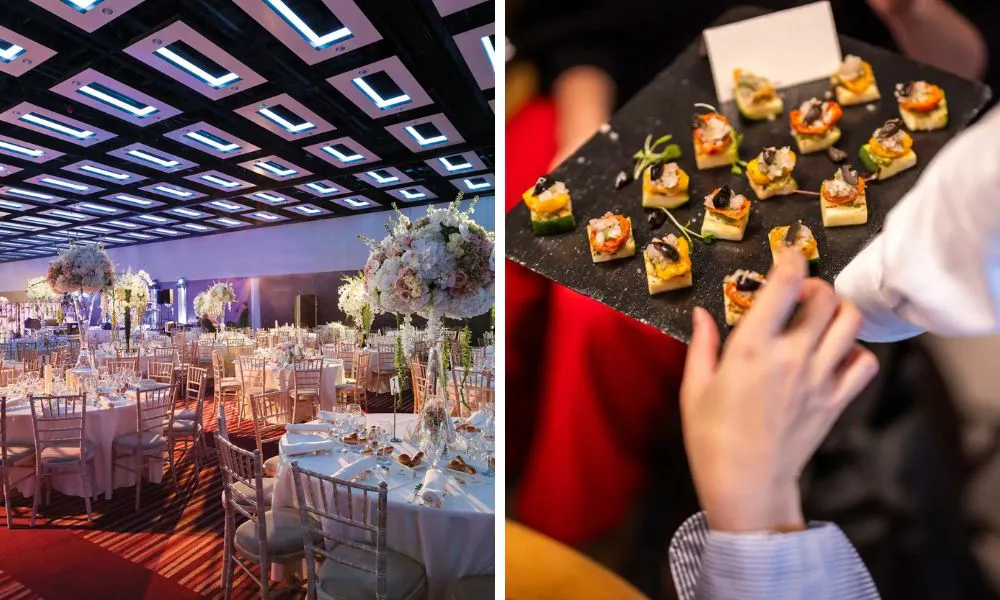 large event space for wedding breakfast and guest taking canape off a board