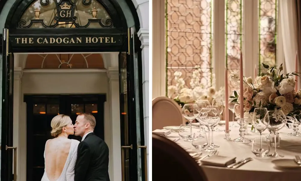 married couple kissing outside a hotel and wedding aisle with pink furniture and flowers
