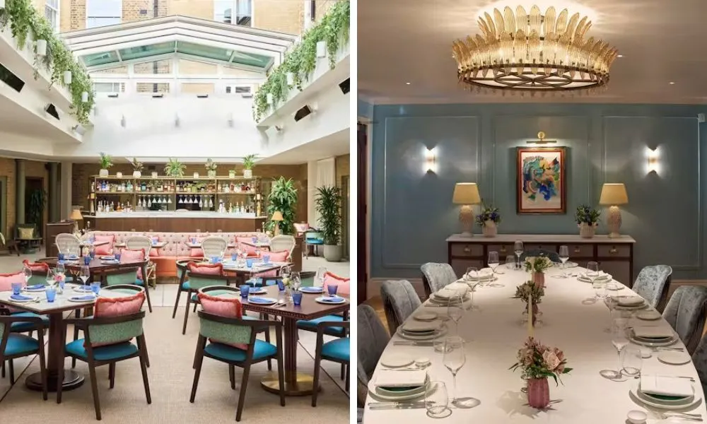 bright open bar area and private dining room with banquet table