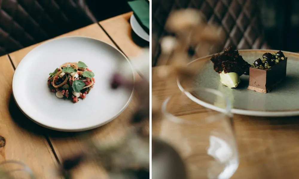 steak tartare and a chocolate dessert