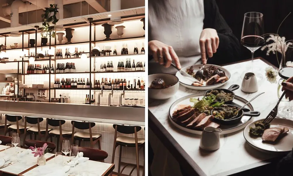 bar with shelves of wine and table with sliced meat