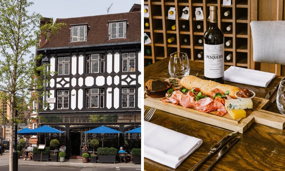 tudor style building with red wine and food