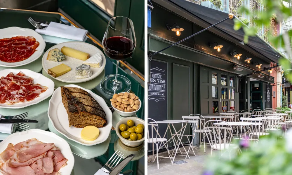 outdoor wine bar terrace with lots of sharing meats and bread