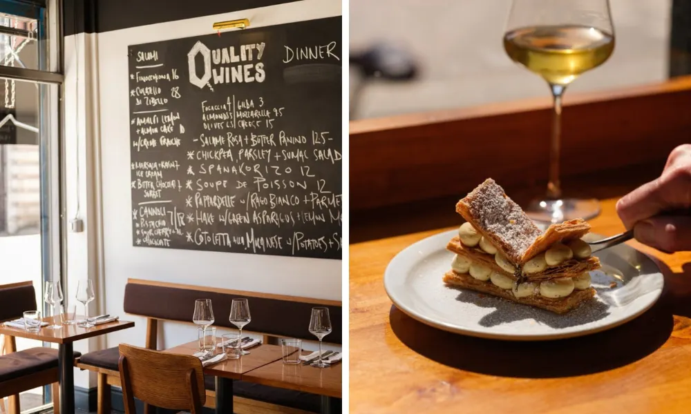 Quality wines chalkboard and dessert wine with mille feuille