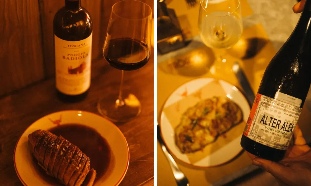 tuscan wine and food in a low lit wine bar