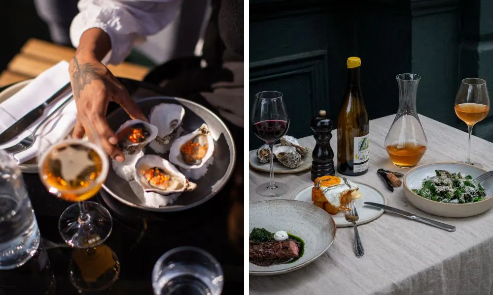 a plate of oysters, and a selection of wines and small plates