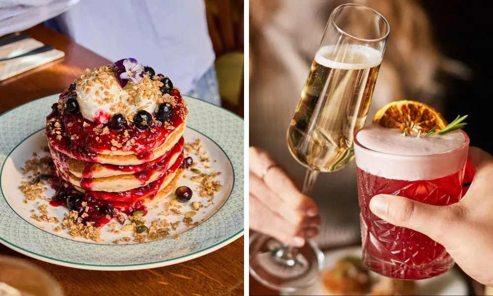 a pancake stack and a couple of drinks