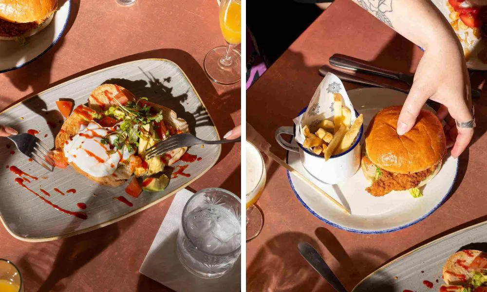 avo toast and a chicken burger