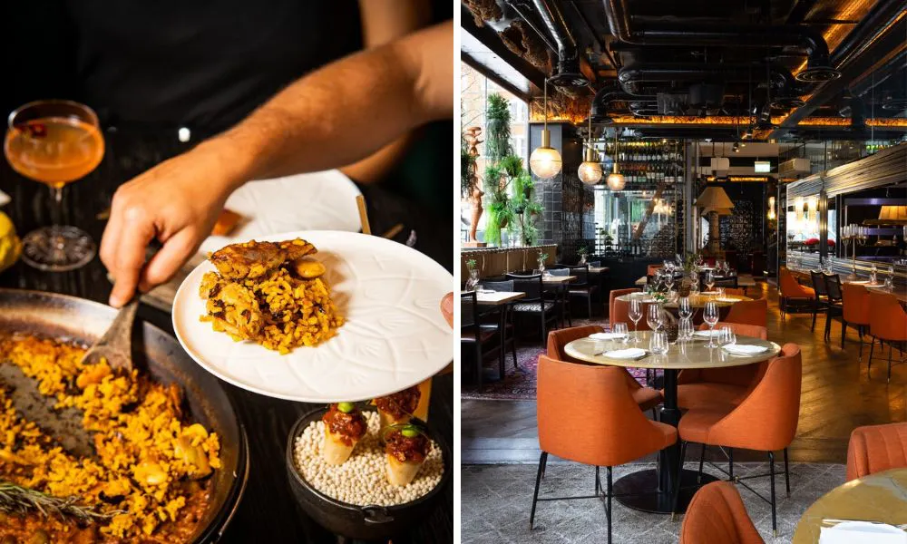 Spooning paella onto plate
