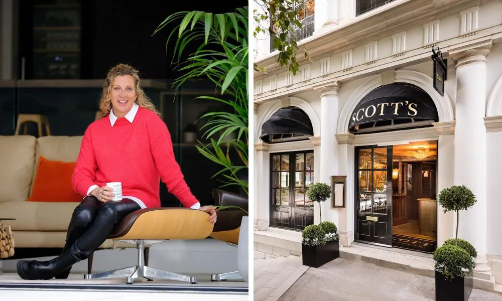 sally gunnell headshot and exterior of scotts restaurant in richmond