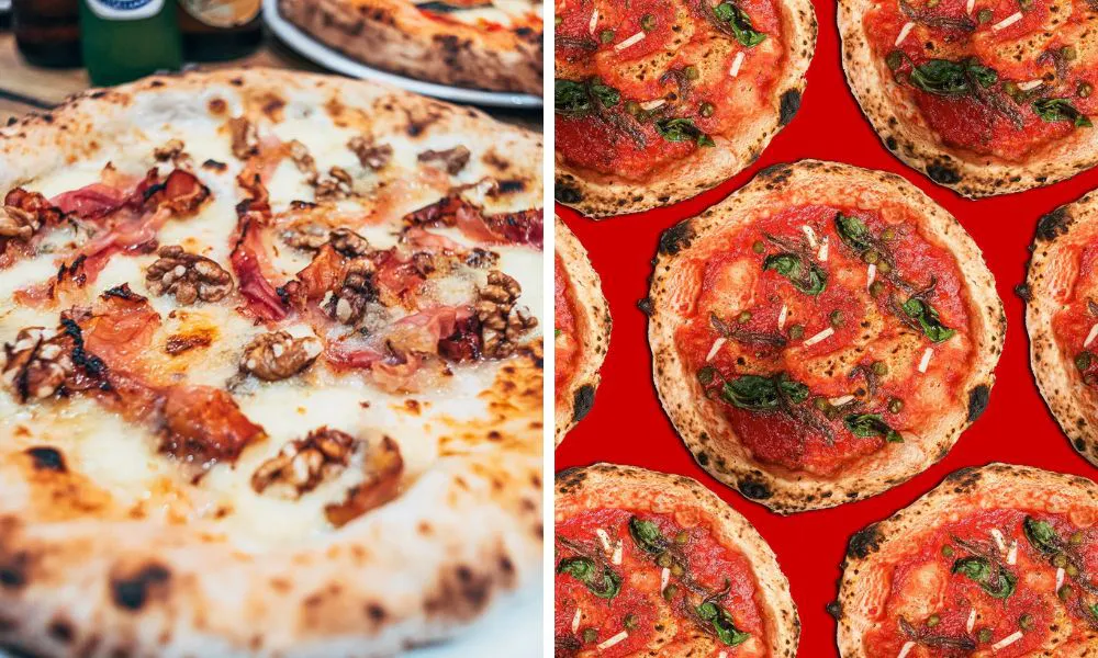 pizza with walnuts and red sauce pizza with basil