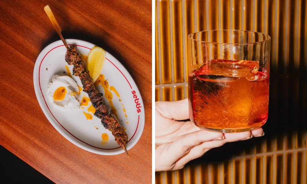 Skewer dish and hand holding a cocktial
