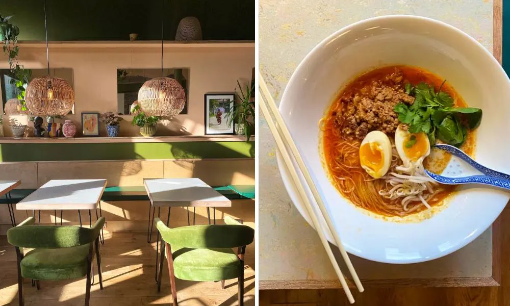 Wooden interiors and egg noodle dish