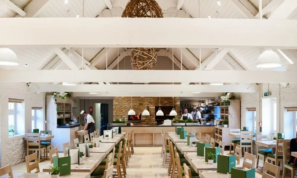 dining room interior with exposed rafters